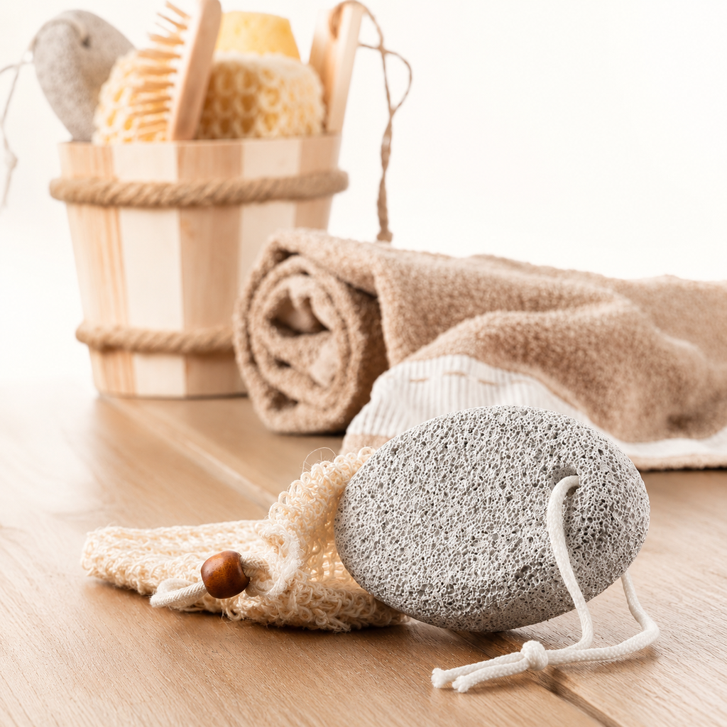 Pietra pomice naturale Larminly con guanto scrub in sisal in ambiente spa