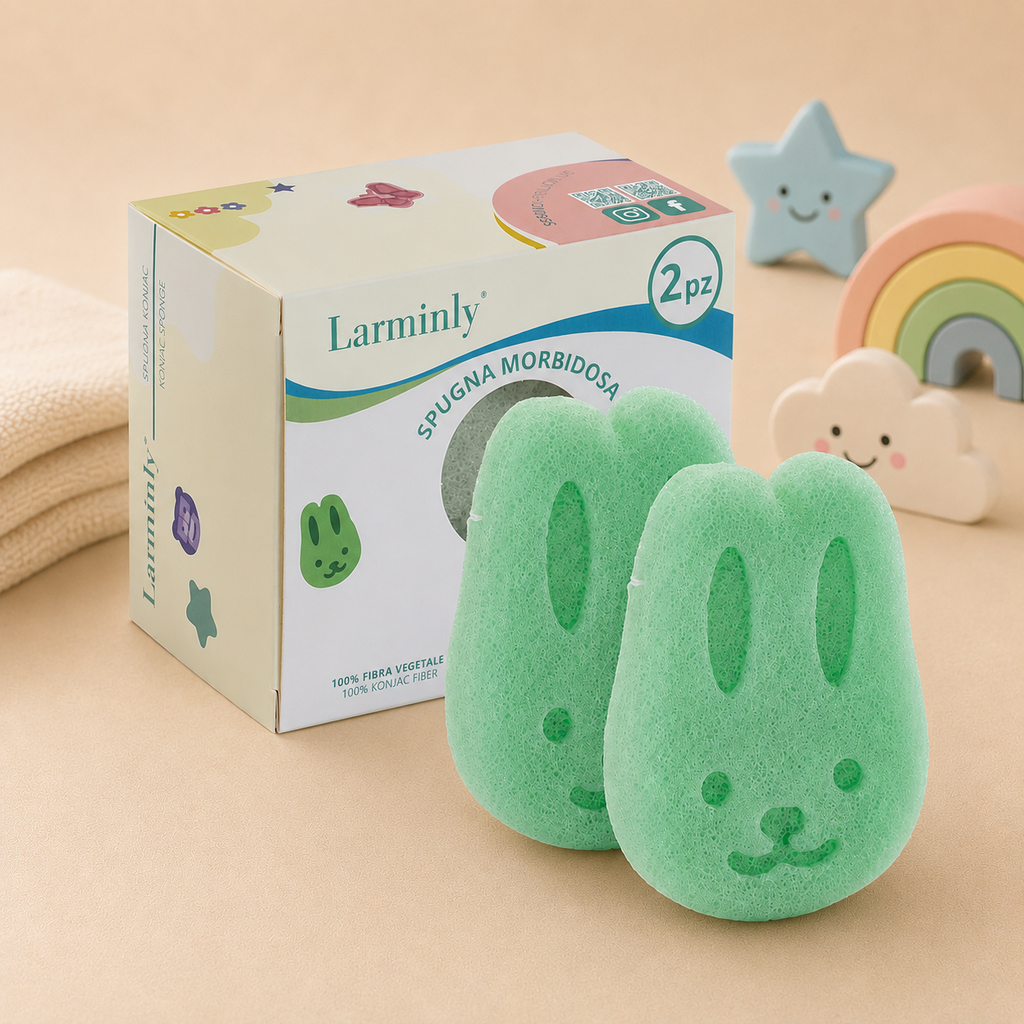 Spugnetta konjac baby Larminly a forma di coniglio verde con confezione