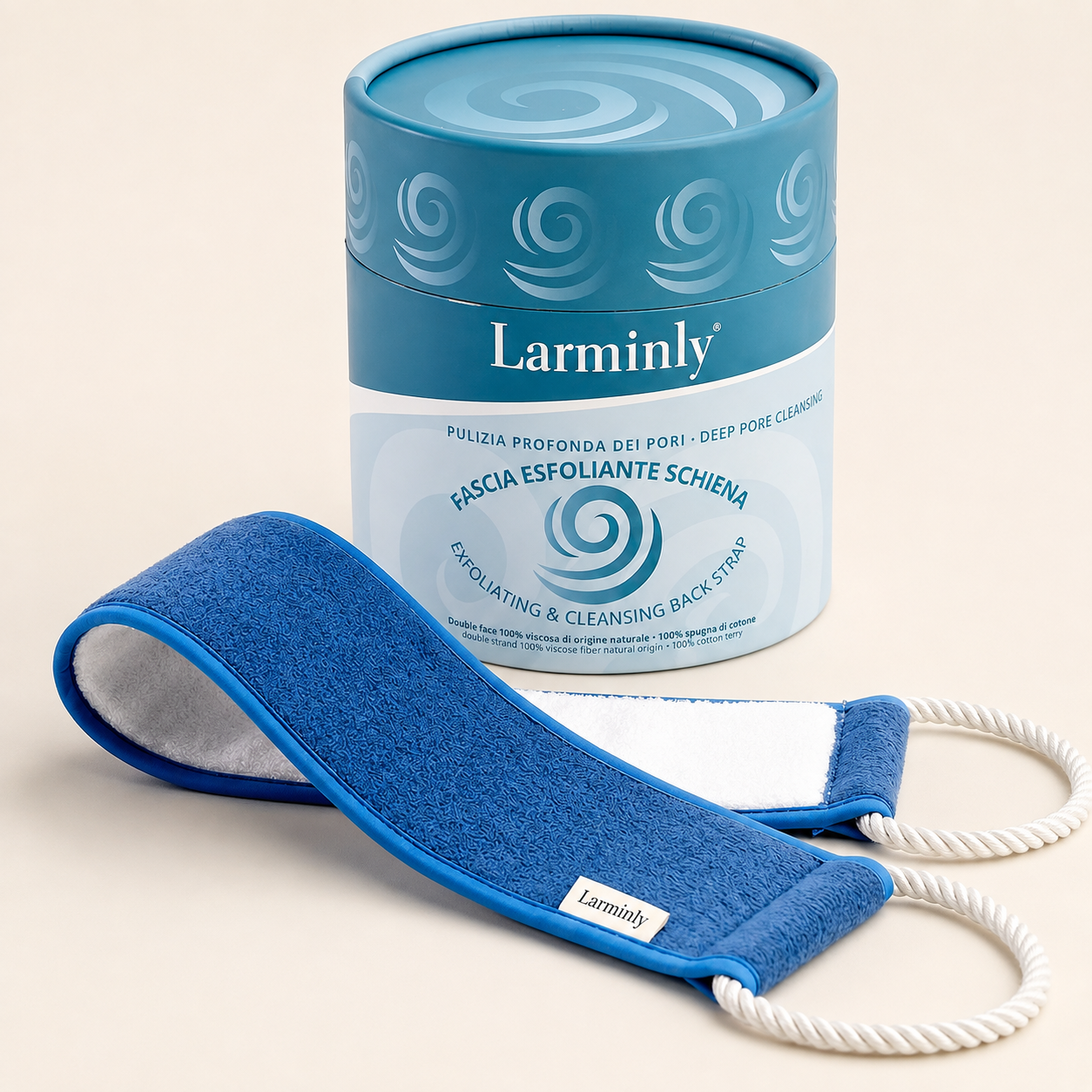 Fascia esfoliante schiena Larminly con packaging cilindrico
